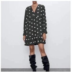 Zara Olive Green Cream Polka Dot Long Sleeve Baby Doll Fall Mini Dress Womens M